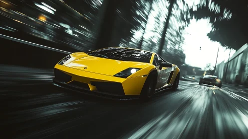 Yellow supercar slices wet city street in motion blur.