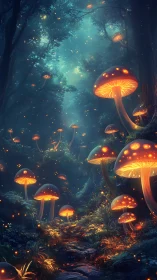 Glowing forest mushrooms lighting a dreamy twilight path.
