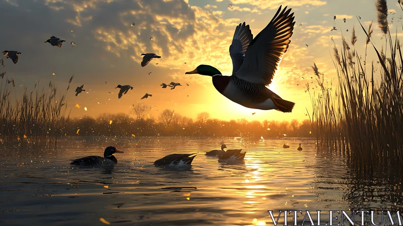 Ducks in low light over reflective lake at sunset period.