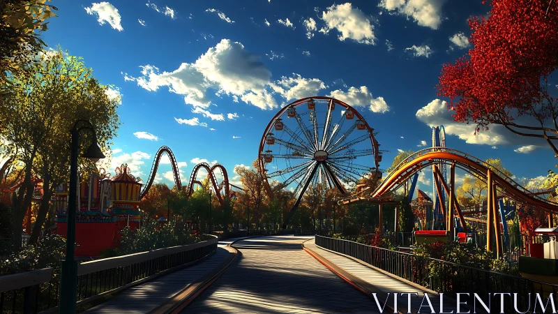 Ferris wheel and roller coaster under saturated autumn sky