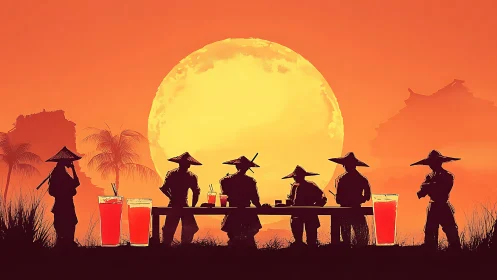 Digital painting of samurai silhouettes at sunset banquet.