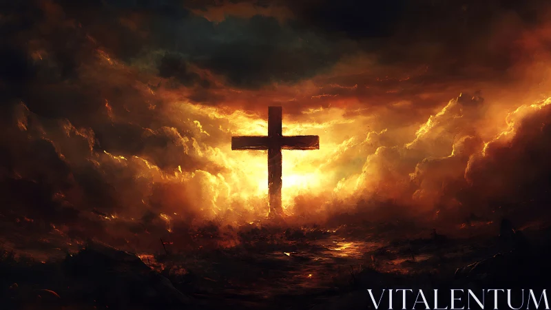 Lone cross stands in blazing storm-lit, fiery heavens.
