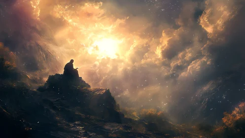 Solitary robed figure contemplates light amid celestial storm