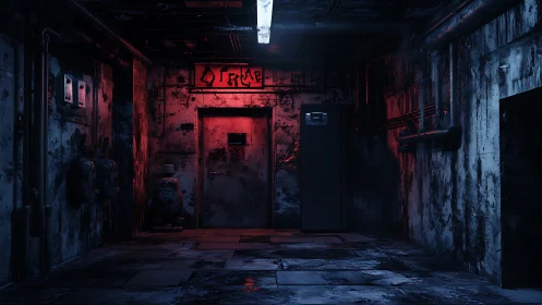 Red-lit industrial corridor hides a foreboding steel door.