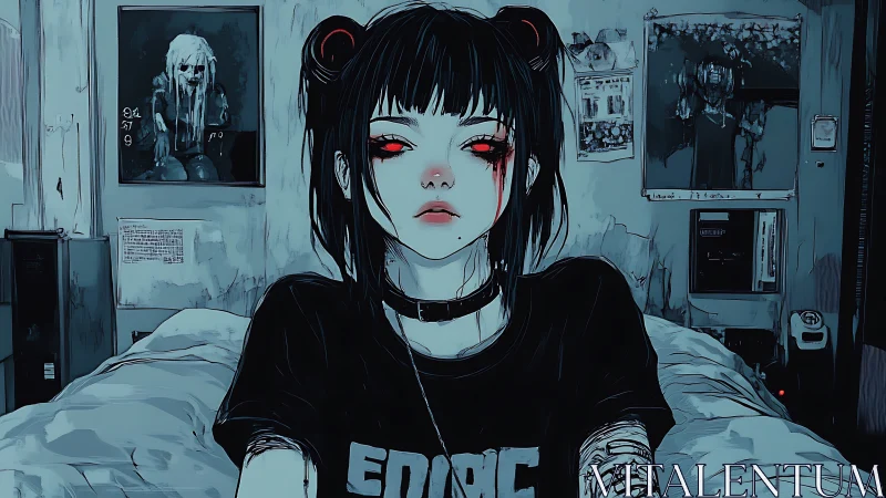 Goth girl with glowing eyes in dark blue bedroom scene.