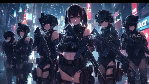 Heavily armed anime police squad stands in rainy neon city