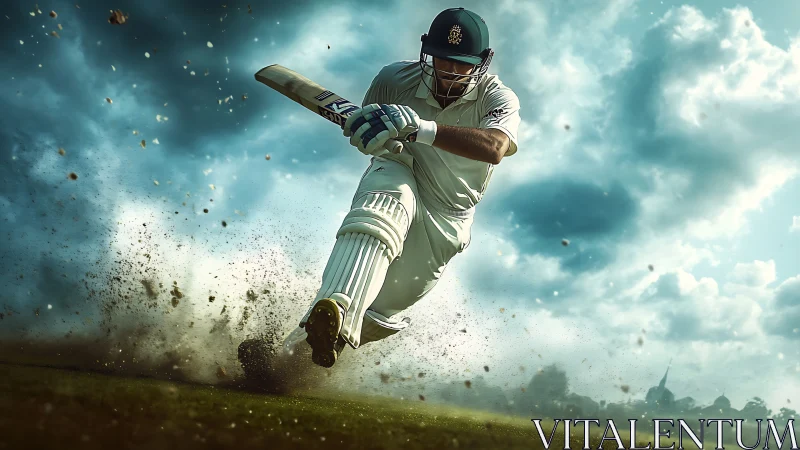 Dynamic low-angle cricket batsman sliding through flying turf