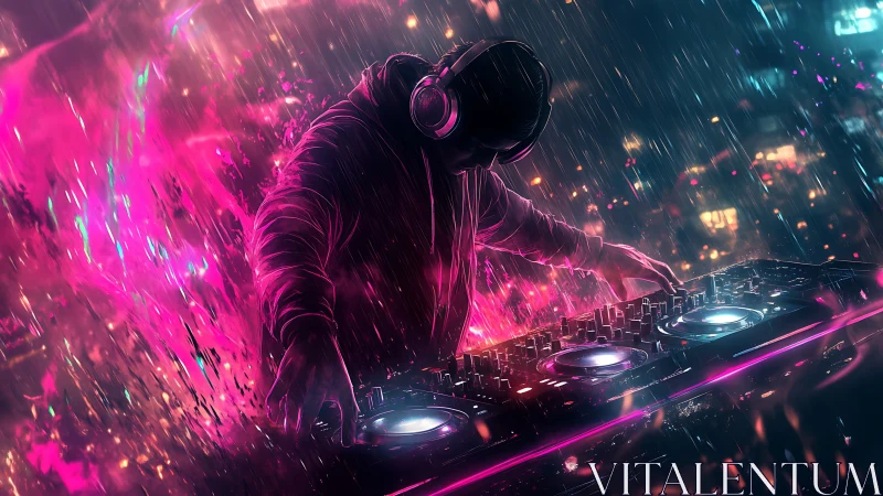 Neon-clad DJ manipulates decks in cinematic cyber rain.