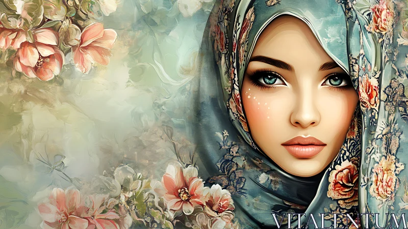 Floral patterned hijab framing a stylized female portrait.