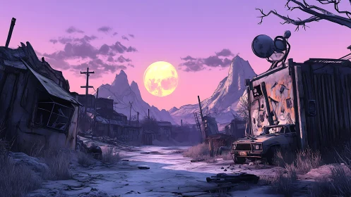 Moonlit desert road welcomes a quiet post apocalyptic town