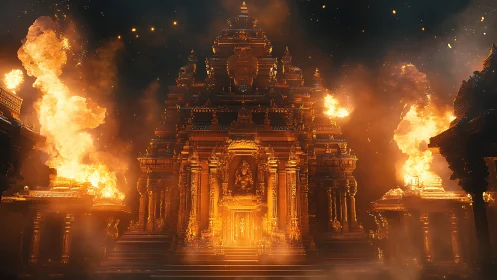 Temple Engulfed in Flames: Ornate Religious Structure.