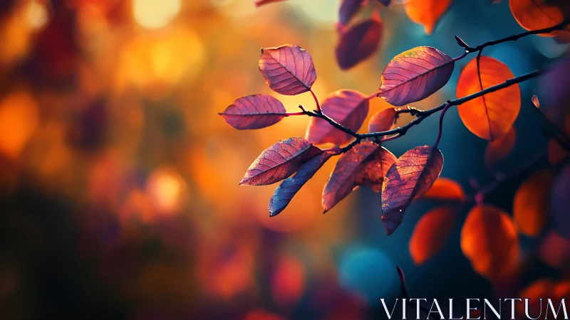 Glowing autumn leaves drift gently in soft evening light