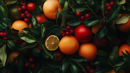 Citrus and red fruits arranged in dense green foliage.