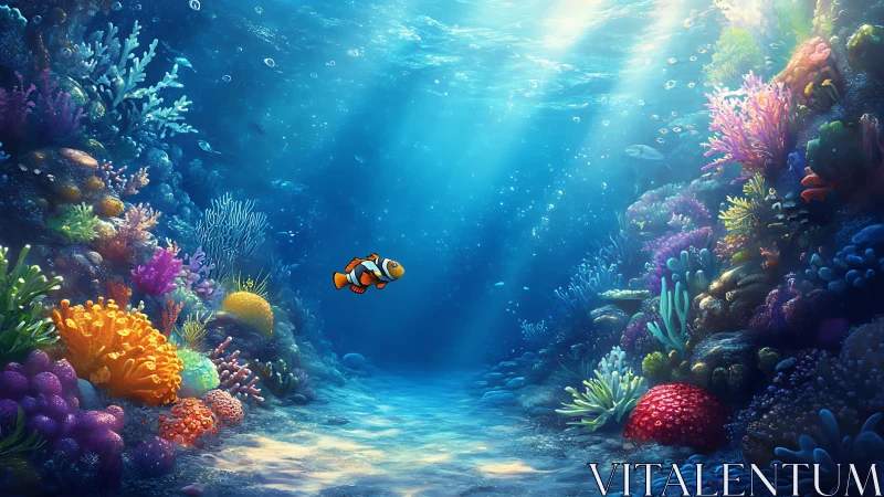 Digital seafloor scene depicts coral reef with single fish