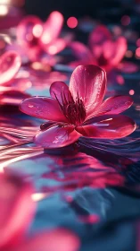 Translucent pink flower with bokeh background and reflective surface