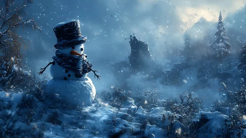 Snowman in cinematic moonlit blizzard within misty valley