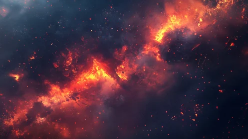 Cosmic Fire Explosion: Dynamic Particle Burst Against Dark Space.