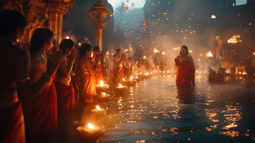 Ritual river procession under firelit temple sky at dusk.