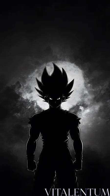 Anime silhouette warrior against lunar backlight stormscape.