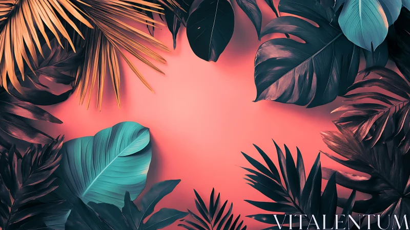 Tropical leaves framing a glowing coral pink backdrop.