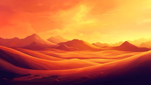 Sunglow dunes roll toward ember peaks where daylight lingers