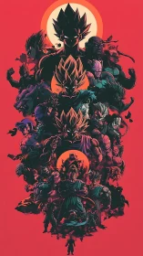 Layered Saiyan silhouettes in crimson anime battle collage.