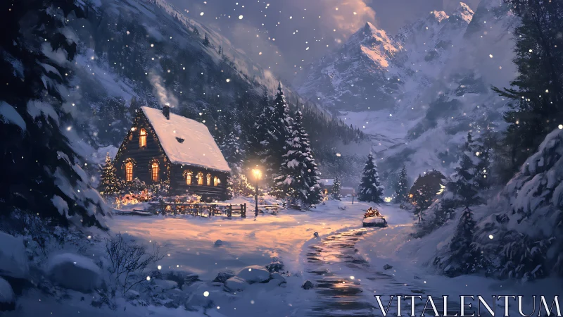 Lanternlit alpine cabin wrapped in slow-falling winter hush.