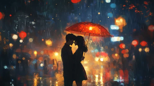 Neon Solitude: Two Hearts Dancing Beneath Rain