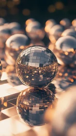Reflective mosaic sphere amid soft golden bokeh geometry.