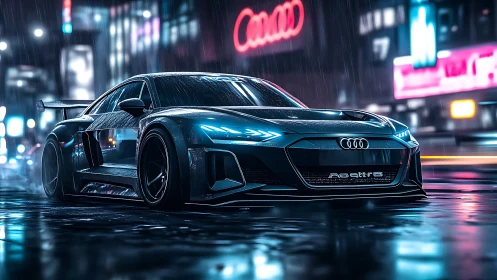 Midnight Audi supercar glides through neon city rain