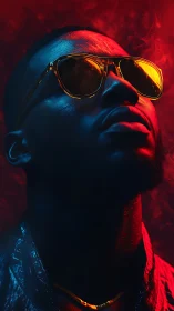Portrait of man in sunglasses under red and blue light.