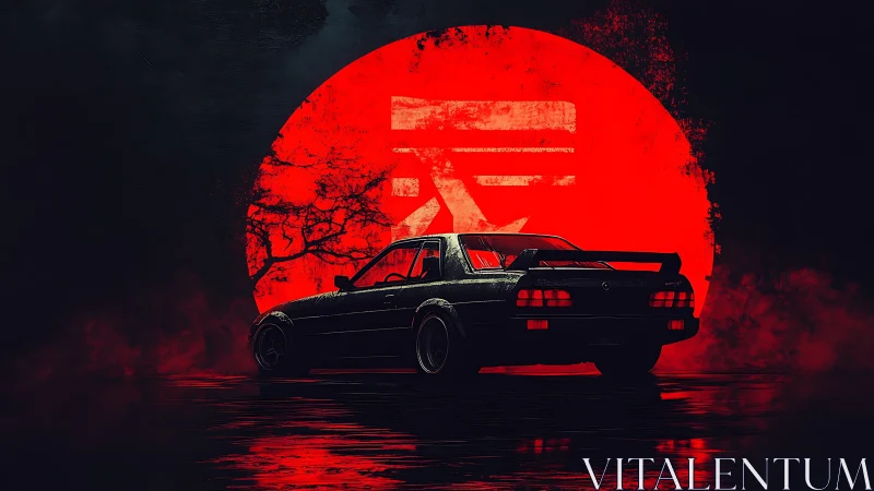 Midnight drift car under a bold red rising sun glow.