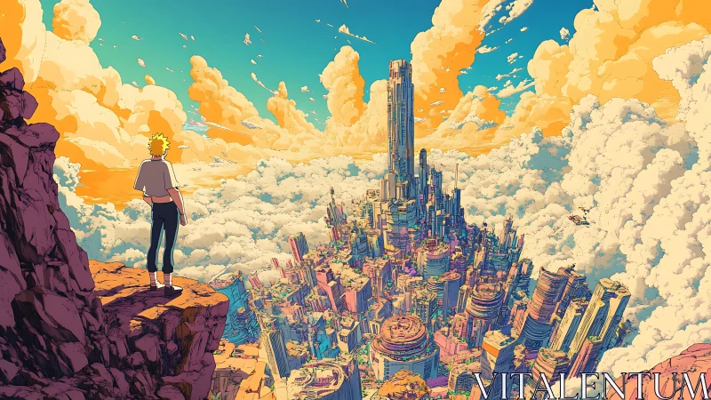 Solitary dreamer overlooks a neon sky city above the clouds