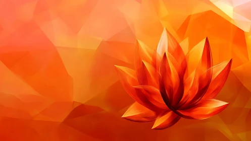 Orange low poly lotus flower over abstract polygon field.