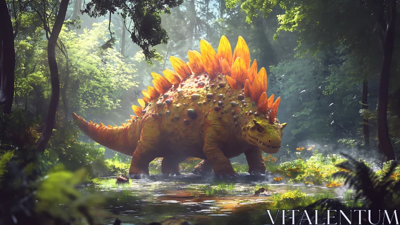 Spiked dinosaur strides through radiant misty forest pond.