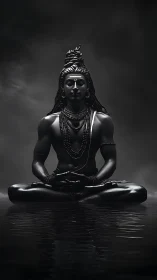 Monochrome seated yogic deity over reflective water surface