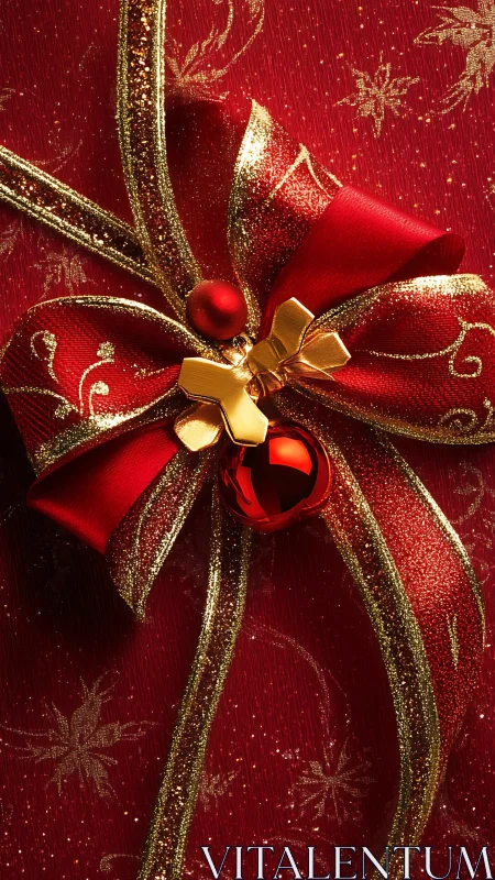 Crimson holiday bow dazzles with gold sparkle and cheer.