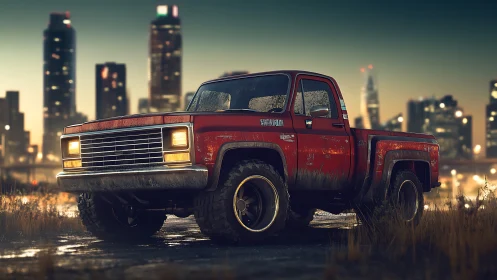 Weathered red pickup truck rests on wet urban outskirts