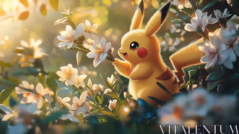 Luminous Pikachu interacting with magnolia blooms in dappled light.