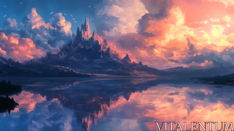 Mountainous landform reflects on calm water under dense clouds