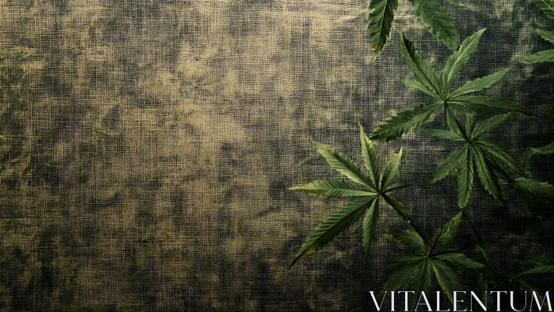 Green cannabis leaves against rustic textured fabric wall.