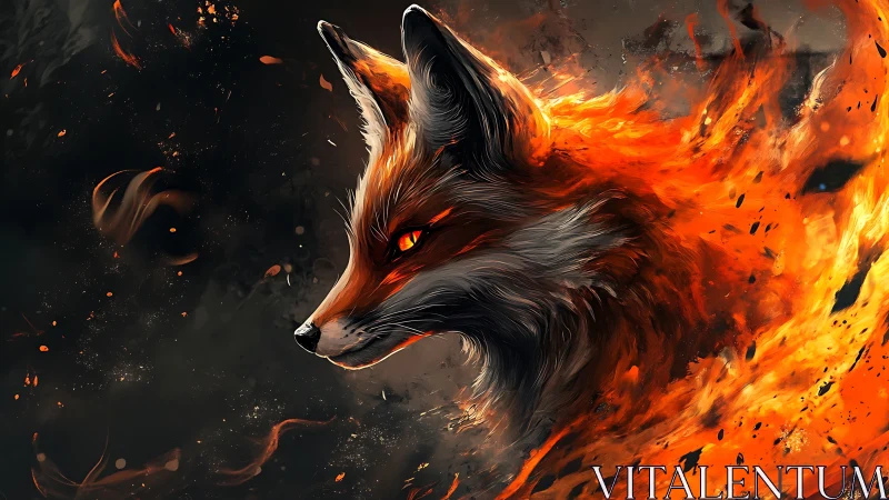 Firelit fox portrait merges fur and flame in motion.