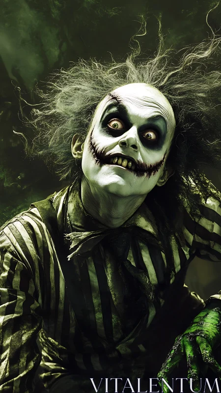 Creepy striped ghoul with smeared grin and wild hair.