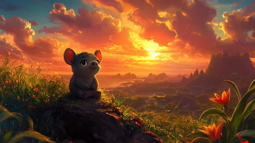 Tiny creature watches a glowing fantasy sunset in wonder