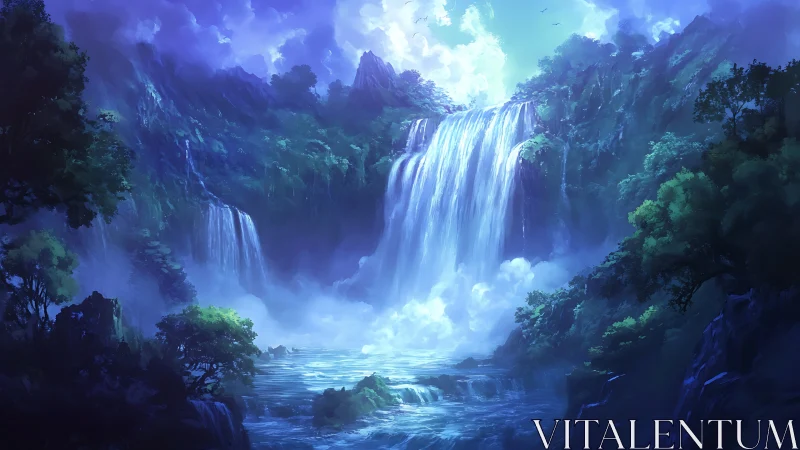 Digital landscape of tiered waterfalls in forested valley.