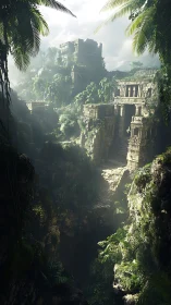 Ancient jungle temple complex rendered in misty photoreal detail