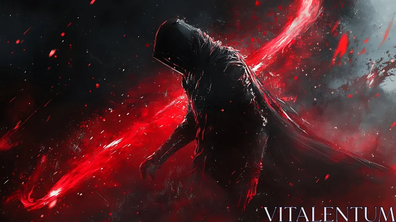 Shadowed reaper emerging through crimson energy storm.