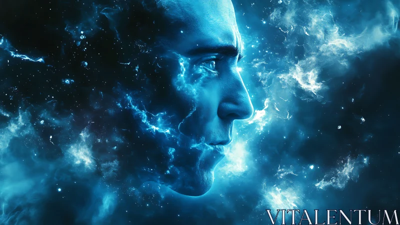 Human profile integrated with blue cosmic nebula field.