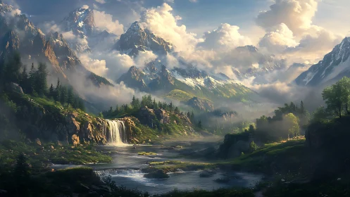 Epic mountain valley landscape with waterfall and clouds.