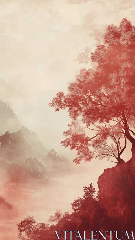 Crimson cliffside guardian leaning over mist-swept silence.